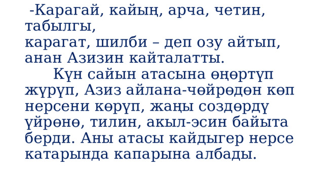  -Карагай, кайың, арча, четин, табылгы,  карагат, шилби – деп озу айтып, анан Азизин кайталатты.  Күн сайын атасына өңөртүп жүрүп, Азиз айлана-чөйрөдөн көп нерсени көрүп, жаңы создөрдү үйрөнө, тилин, акыл-эсин байыта берди. Аны атасы кайдыгер нерсе катарында капарына албады.   
