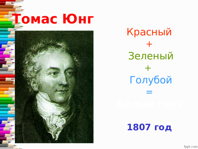 Томас Юнг  Красный +  Зеленый +  Голубой = Белый свет  1807 год  Краткая справка об ученом. Можно заранее дать задание одному из учащихся.  