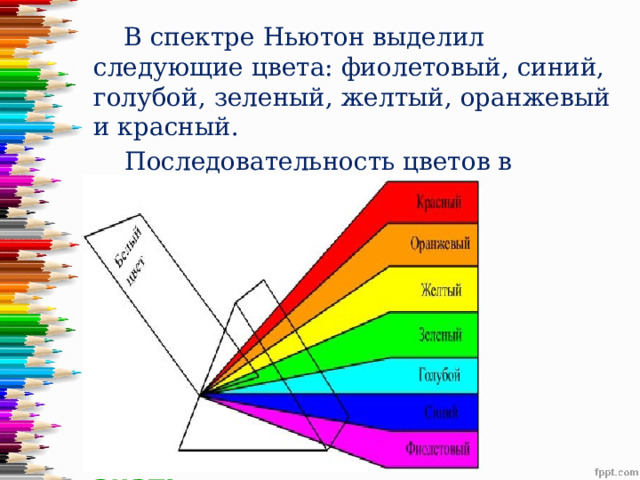  В спектре Ньютон выделил следующие цвета: фиолетовый, синий, голубой, зеленый, желтый, оранжевый и красный.  Последовательность цветов в спектре легко запоминается:  каждый  охотник   желает  знать  где   сидит  фазан 