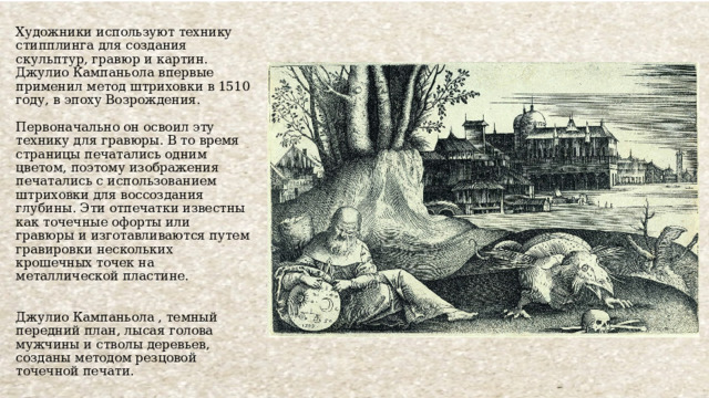 Художники используют технику стипплинга для создания скульптур, гравюр и картин. Джулио Кампаньола впервые применил метод штриховки в 1510 году, в эпоху Возрождения.   Первоначально он освоил эту технику для гравюры. В то время страницы печатались одним цветом, поэтому изображения печатались с использованием штриховки для воссоздания глубины. Эти отпечатки известны как точечные офорты или гравюры и изготавливаются путем гравировки нескольких крошечных точек на металлической пластине.    Джулио Кампаньола , темный передний план, лысая голова мужчины и стволы деревьев, созданы методом резцовой точечной печати. 