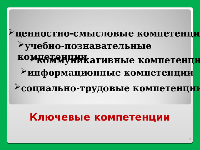 ценностно-смысловые компетенции учебно-познавательные  компетенции  коммуникативные компетенции информационные компетенции социально-трудовые компетенции Ключевые компетенции  