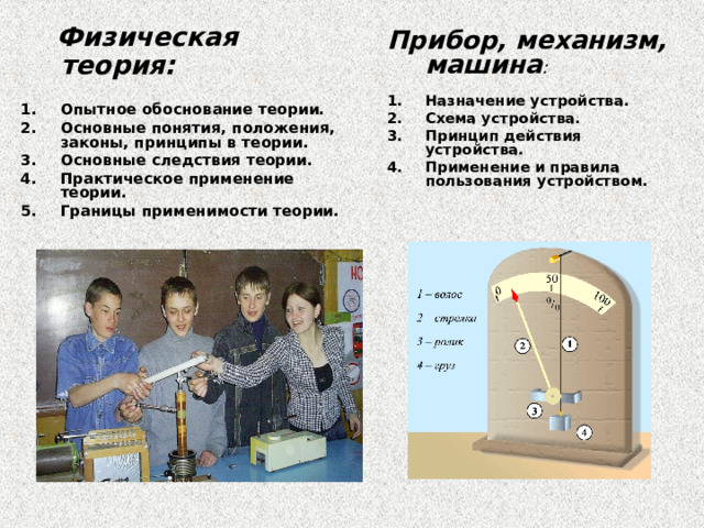  Физическая теория:  Опытное обоснование теории. Основные понятия, положения, законы, принципы в теории. Основные следствия теории. Практическое применение теории. Границы применимости теории.  Прибор, механизм, машина :  Назначение устройства. Схема устройства. Принцип действия устройства. Применение и правила пользования устройством.  