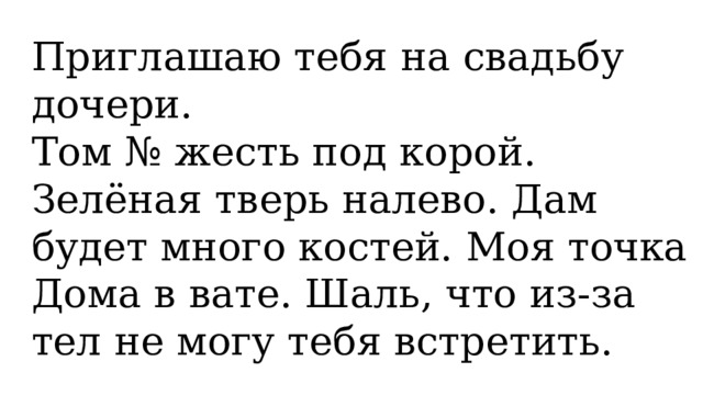 Приглашаю тебя на свадьбу дочери. Том № жесть под корой. Зелёная тверь налево. Дам будет много костей. Моя точка Дома в вате. Шаль, что из-за тел не могу тебя встретить. 