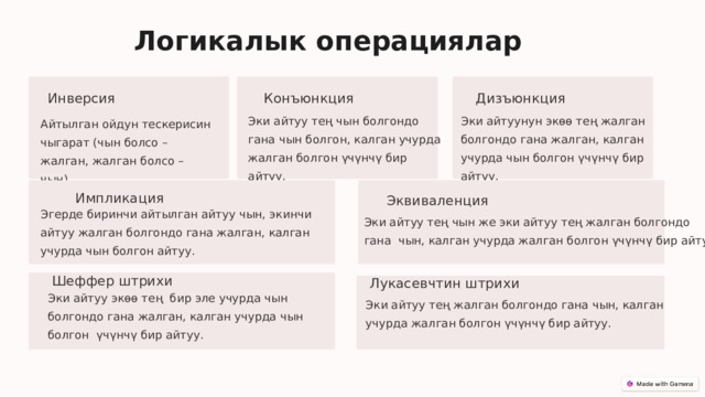  Логикалык операциялар Инверсия Конъюнкция Дизъюнкция Эки айтуу тең чын болгондо гана чын болгон, калган учурда жалган болгон үчүнчү бир айтуу. Эки айтуунун экөө тең жалган болгондо гана жалган, калган учурда чын болгон үчүнчү бир айтуу. Айтылган ойдун тескерисин чыгарат (чын болсо – жалган, жалган болсо – чын). Импликация Эквиваленция Эгерде биринчи айтылган айтуу чын, экинчи айтуу жалган болгондо гана жалган, калган учурда чын болгон айтуу. Эки айтуу тең чын же эки айтуу тең жалган болгондо гана чын, калган учурда жалган болгон үчүнчү бир айтуу. Шеффер штрихи Лукасевчтин штрихи Эки айтуу экөө тең бир эле учурда чын болгондо гана жалган, калган учурда чын болгон үчүнчү бир айтуу. Эки айтуу тең жалган болгондо гана чын, калган учурда жалган болгон үчүнчү бир айтуу. 