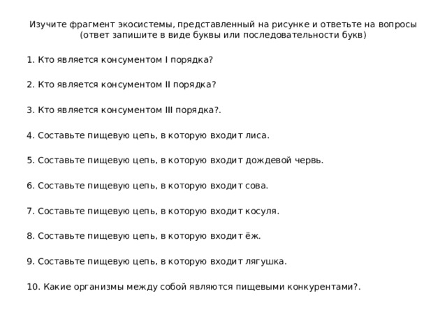 Изучите фрагмент экосистемы, представленный на рисунке и ответьте на вопросы (ответ запишите в виде буквы или последовательности букв) 1. Кто является консументом I порядка? 2. Кто является консументом II порядка? 3. Кто является консументом III порядка?. 4. Составьте пищевую цепь, в которую входит лиса. 5. Составьте пищевую цепь, в которую входит дождевой червь. 6. Составьте пищевую цепь, в которую входит сова. 7. Составьте пищевую цепь, в которую входит косуля. 8. Составьте пищевую цепь, в которую входит ёж. 9. Составьте пищевую цепь, в которую входит лягушка. 10. Какие организмы между собой являются пищевыми конкурентами?. 