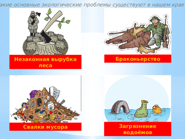 Какие основные экологические проблемы существуют в нашем крае? Браконьерство Незаконная вырубка леса Загрязнение водоёмов Свалки мусора 