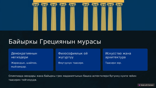  Байыркы Грециянын мурасы Демократиянын негиздери Философиялык ой жүгүртүү Искусство жана архитектура Жарандык, шайлоо, мыйзамдар. Өнүгүүнүн таасири. Таасири зор. Олимпиада оюндары жана байыркы грек маданиятынын башка аспектилери бүгүнкү күнгө чейин таасирин тийгизүүдө. 