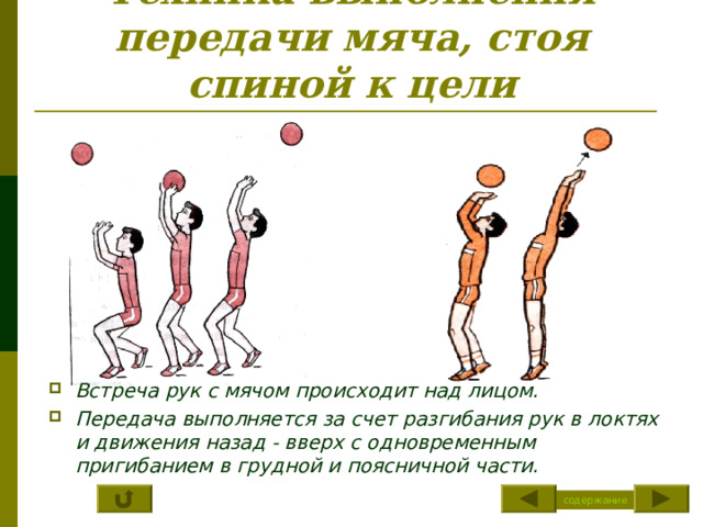 Техника выполнения передачи мяча, стоя спиной к цели Встреча рук с мячом происходит над лицом. Передача выполняется за счет разгибания рук в локтях и движения назад - вверх с одновременным пригибанием в грудной и поясничной части. содержание 