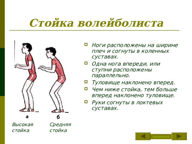 Стойка волейболиста  Ноги расположены на ширине плеч и согнуты в коленных суставах. Одна нога впереди, или ступни расположены параллельно. Туловище наклонено вперед. Чем ниже стойка, тем больше вперед наклонено туловище. Руки согнуты в локтевых суставах. Высокая стойка Средняя стойка содержание 