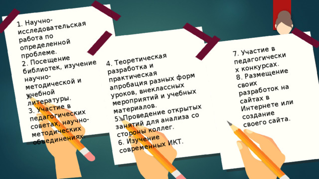 1. Научно-исследовательская работа по определенной проблеме. 2. Посещение библиотек, изучение научно-методической и учебной литературы. 3. Участие в педагогических советах, научно-методических объединениях. 4. Теоретическая разработка и практическая апробация разных форм уроков, внеклассных мероприятий и учебных материалов. 5. Проведение открытых занятий для анализа со стороны коллег. 6. Изучение современных ИКТ. 7. Участие в педагогических конкурсах. 8. Размещение своих разработок на сайтах в Интернете или создание своего сайта. 