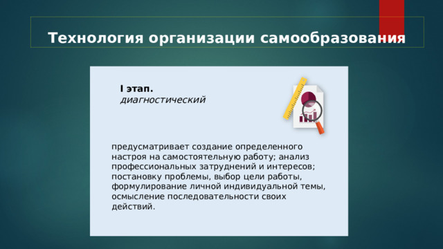 Технология организации самообразования I этап. диагностический  предусматривает создание определенного настроя на самостоятельную работу; анализ профессиональных затруднений и интересов; постановку проблемы, выбор цели работы, формулирование личной индивидуальной темы, осмысление последовательности своих действий. 