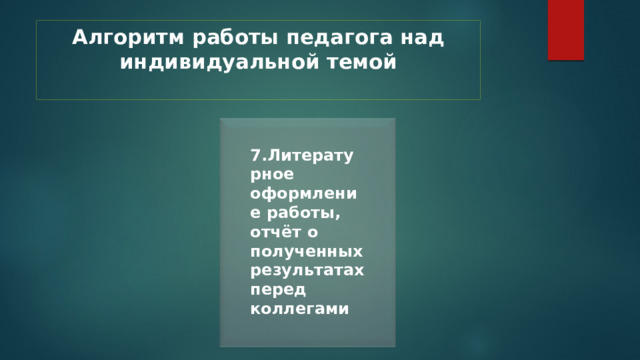 Алгоритм работы педагога над индивидуальной темой   7.Литературное оформление работы, отчёт о полученных результатах перед коллегами 