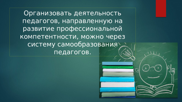 Организовать деятельность педагогов, направленную на развитие профессиональной компетентности, можно через систему самообразования педагогов. 