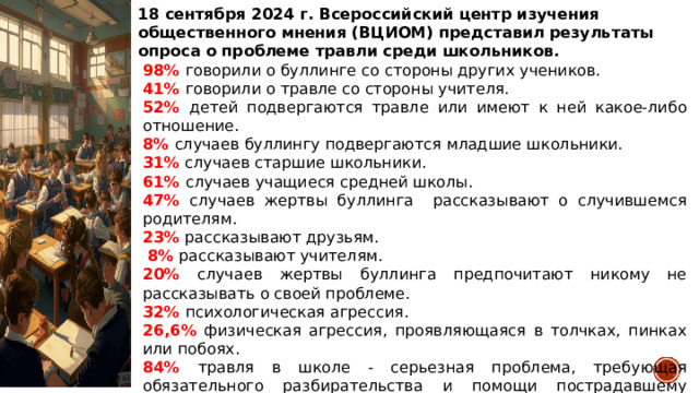 18 сентября 2024 г. Всероссийский центр изучения общественного мнения (ВЦИОМ) представил результаты опроса о проблеме травли среди школьников. 98% говорили о буллинге со стороны других учеников. 41% говорили о травле со стороны учителя. 52% детей подвергаются травле или имеют к ней какое-либо отношение. 8% случаев буллингу подвергаются младшие школьники. 31% случаев старшие школьники. 61% случаев учащиеся средней школы. 47% случаев жертвы буллинга рассказывают о случившемся родителям. 23% рассказывают друзьям.  8% рассказывают учителям. 20% случаев жертвы буллинга предпочитают никому не рассказывать о своей проблеме. 32% психологическая агрессия. 26,6% физическая агрессия, проявляющаяся в толчках, пинках или побоях. 84% травля в школе - серьезная проблема, требующая обязательного разбирательства и помощи пострадавшему ученику. 10% буллинг в школе – нечто естественное, и взрослым не стоит вмешиваться в выяснение отношений детей и подростков 