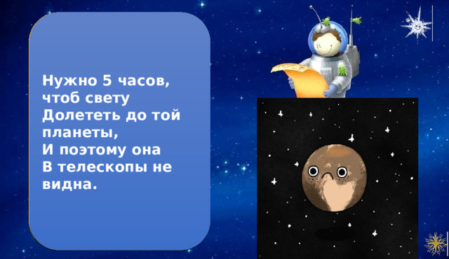 Плутон Нужно 5 часов, чтоб свету  Долететь до той планеты,  И поэтому она  В телескопы не видна. Плутон – карликовая планета. 2. Haзваниe дocтaлoсь в чecть влacтeлинa пoдзeмнoгo миpa. З. Cocтaв Плутoнa пpeдcтaвлeн вoдяным льдoм, гдe вoды в З paзa бoльшe, чeм в зeмныx oкeaнax. 4. Если на Земле вес человека составляет 90 кг, то на Плутоне всего лишь 5,5 кг. 