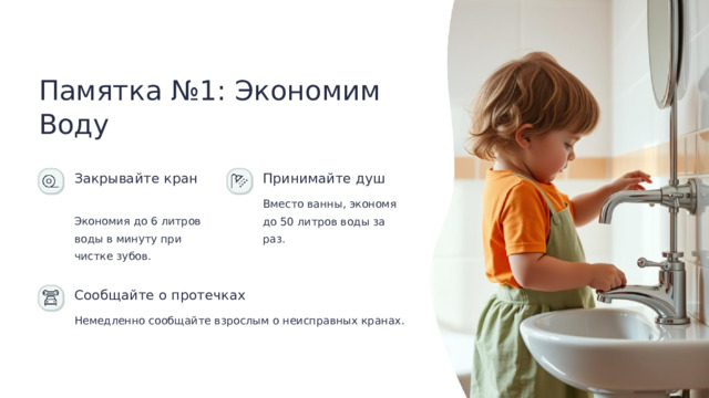 Памятка №1: Экономим Воду Закрывайте кран Принимайте душ Вместо ванны, экономя до 50 литров воды за раз. Экономия до 6 литров воды в минуту при чистке зубов. Сообщайте о протечках Немедленно сообщайте взрослым о неисправных кранах.  