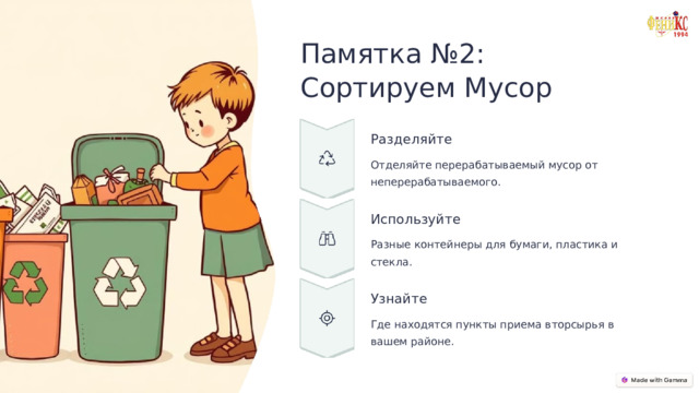 Памятка №2: Сортируем Мусор Разделяйте Отделяйте перерабатываемый мусор от неперерабатываемого. Используйте Разные контейнеры для бумаги, пластика и стекла. Узнайте Где находятся пункты приема вторсырья в вашем районе.  