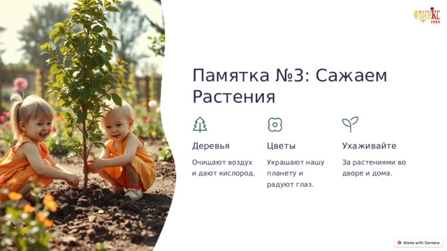 Памятка №3: Сажаем Растения Деревья Цветы Ухаживайте Очищают воздух и дают кислород. Украшают нашу планету и радуют глаз. За растениями во дворе и дома.  