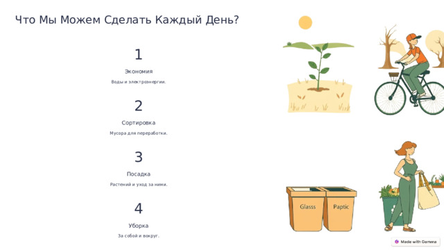 Что Мы Можем Сделать Каждый День? 1 Экономия Воды и электроэнергии. 2 Сортировка Мусора для переработки. 3 Посадка Растений и уход за ними. 4 Уборка За собой и вокруг.  