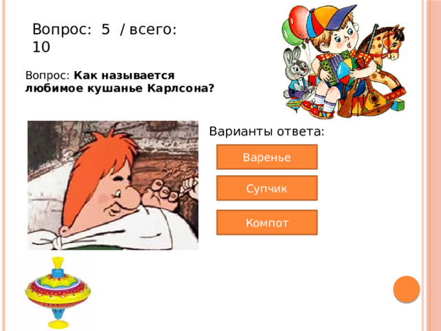 Вопрос:  5  / всего: 10 Вопрос: Как называется любимое кушанье Карлсона? Варианты ответа: Варенье Супчик Компот 