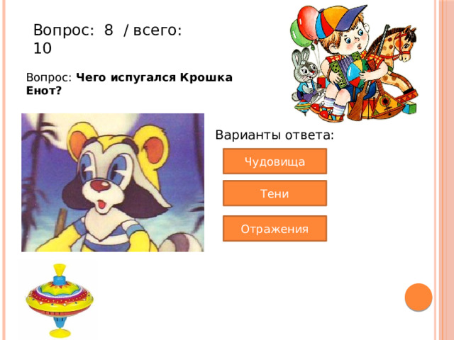 Вопрос:  8  / всего: 10 Вопрос: Чего испугался Крошка Енот? Варианты ответа: Чудовища Тени Отражения 