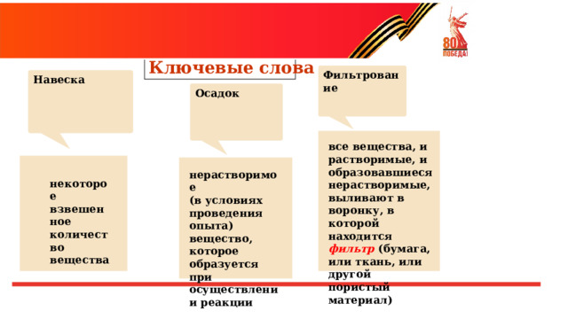 Ключевые слова Фильтрование Навеска Осадок  все вещества, и растворимые, и образовавшиеся нерастворимые, выливают в воронку, в которой находится фильтр (бумага, или ткань, или другой пористый материал)   нерастворимое (в условиях проведения опыта) вещество, которое образуется при осуществлении реакции некоторое взвешенное количество вещества 