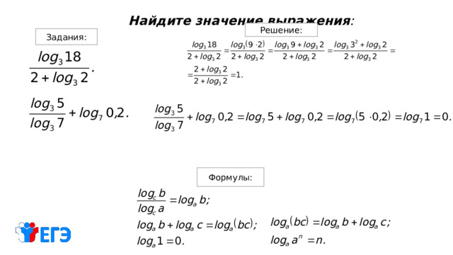Найдите значение выражения : Решение: Задания: Формулы: 