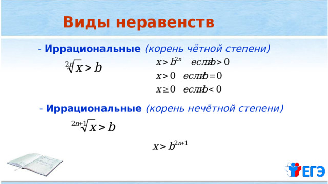Виды неравенств - Иррациональные (корень чётной степени)  - Иррациональные (корень нечётной степени) 