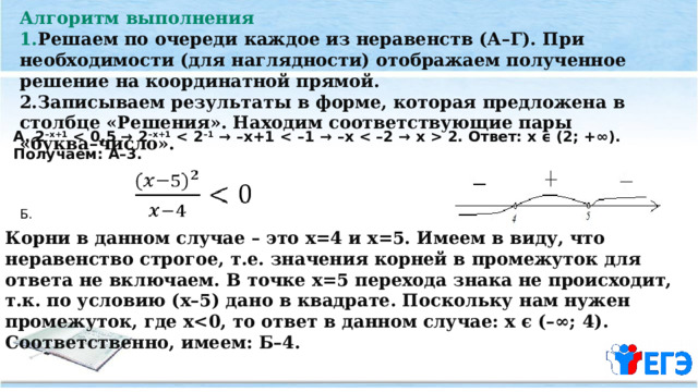 Алгоритм выполнения 1. Решаем по очереди каждое из неравенств (А–Г). При необходимости (для наглядности) отображаем полученное решение на координатной прямой. 2.Записываем результаты в форме, которая предложена в столбце «Решения». Находим соответствующие пары «буква–число». А. 2 –х+1   –x+1   –1  → –x+1  2. Ответ: х ϵ (2; +∞). Получаем: А–3. Б.     Корни в данном случае – это х=4 и х=5. Имеем в виду, что неравенство строгое, т.е. значения корней в промежуток для ответа не включаем. В точке х=5 перехода знака не происходит, т.к. по условию (х–5) дано в квадрате. Поскольку нам нужен промежуток, где х Соответственно, имеем: Б–4. 