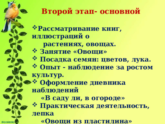 Второй этап- основной Рассматривание книг, иллюстраций о  растениях, овощах.  Занятие «Овощи»  Посадка семян: цветов, лука.  Опыт - наблюдение за ростом культур.  Оформление дневника наблюдений  «В саду ли, в огороде»  Практическая деятельность, лепка  «Овощи из пластилина» 