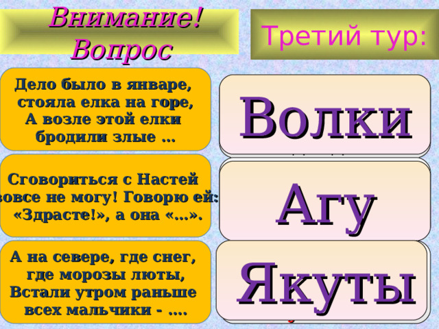 Третий тур:  Внимание ! Вопрос Дело было в январе, стояла елка на горе,  А возле этой елки бродили злые … 1. Волки 2. Разбойники 3. Медведи  Волки Сговориться с Настей вовсе не могу! Говорю ей:  «Здрасте!», а она «…». 1. Привет 2. Агу 3. Здравствуй Агу А на севере, где снег, где морозы люты,  Встали утром раньше всех мальчики - …. 1. Тунгусы 2. Ненцы 3. Якуты   Якуты 