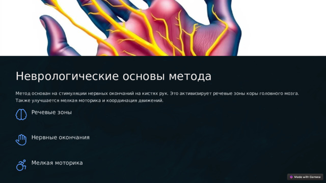 Неврологические основы метода Метод основан на стимуляции нервных окончаний на кистях рук. Это активизирует речевые зоны коры головного мозга. Также улучшается мелкая моторика и координация движений. Речевые зоны Нервные окончания Мелкая моторика  