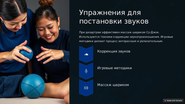 Упражнения для постановки звуков При дизартрии эффективен массаж шариком Су-Джок. Используются техники коррекции звукопроизношения. Игровые методики делают процесс интересным и увлекательным. Коррекция звуков Игровые методики Массаж шариком  