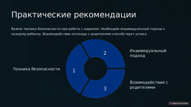 Практические рекомендации Важна техника безопасности при работе с шариком. Необходим индивидуальный подход к каждому ребенку. Взаимодействие логопеда с родителями способствует успеху. Индивидуальный подход 2 1 Техника безопасности Взаимодействие с родителями 3  