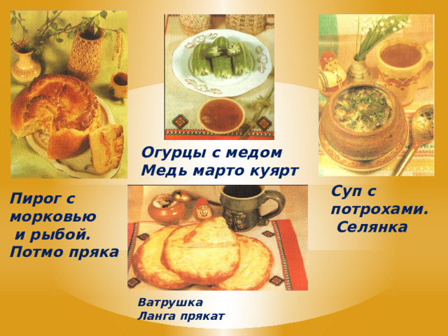 Огурцы с медом Медь марто куярт Суп с потрохами.  Селянка Пирог с морковью  и рыбой. Потмо пряка Ватрушка Ланга прякат 