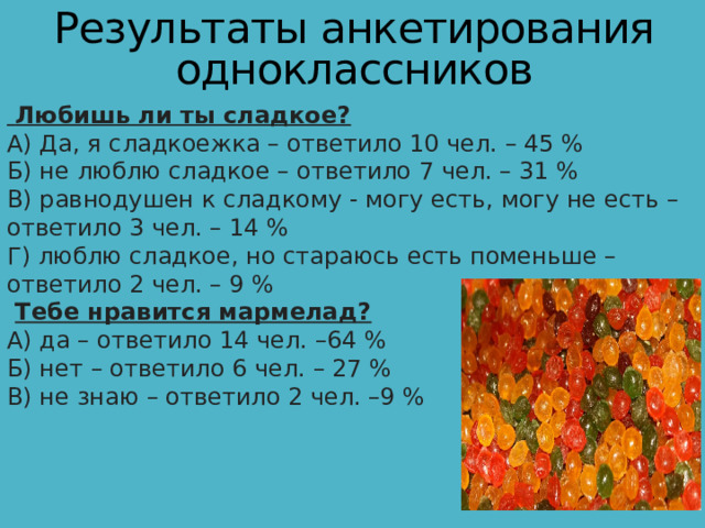 Результаты анкетирования  одноклассников  Любишь ли ты сладкое?  А) Да, я сладкоежка – ответило 10 чел. – 45 %  Б) не люблю сладкое – ответило 7 чел. – 31 %  В) равнодушен к сладкому - могу есть, могу не есть – ответило 3 чел. – 14 %  Г) люблю сладкое, но стараюсь есть поменьше – ответило 2 чел. – 9 %  Тебе нравится мармелад?  А) да – ответило 14 чел. –64 %  Б) нет – ответило 6 чел. – 27 %  В) не знаю – ответило 2 чел. –9 % 