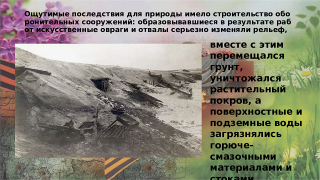 Ощутимые последствия для природы имело строительство оборонительных сооружений: образовывавшиеся в результате работ искусственные овраги и отвалы серьезно изменяли рельеф,   вместе с этим перемещался грунт, уничтожался растительный покров, а поверхностные и подземные воды загрязнялись горюче-смазочными материалами и стоками. 