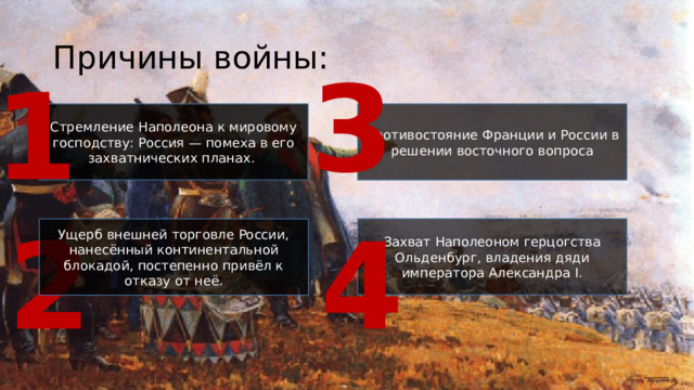 Причины войны: 3 1 Стремление Наполеона к мировому господству: Россия — помеха в его захватнических планах. Противостояние Франции и России в решении восточного вопроса 2 4 Захват Наполеоном герцогства Ольденбург, владения дяди императора Александра I. Ущерб внешней торговле России, нанесённый континентальной блокадой, постепенно привёл к отказу от неё. 