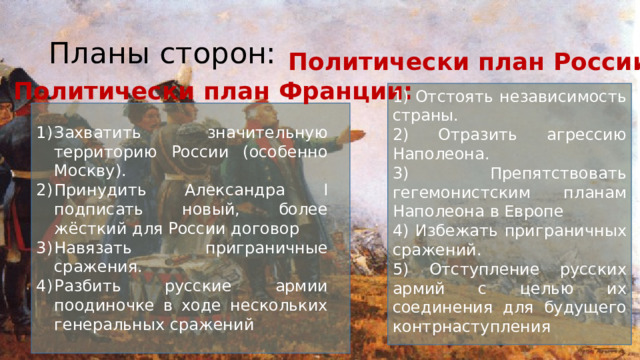 Планы сторон: Политически план России: Политически план Франции: 1) Отстоять независимость страны. 2) Отразить агрессию Наполеона. 3) Препятствовать гегемонистским планам Наполеона в Европе 4) Избежать приграничных сражений. 5) Отступление русских армий с целью их соединения для будущего контрнаступления Захватить значительную территорию России (особенно Москву). Принудить Александра I подписать новый, более жёсткий для России договор Навязать приграничные сражения. Разбить русские армии поодиночке в ходе нескольких генеральных сражений 