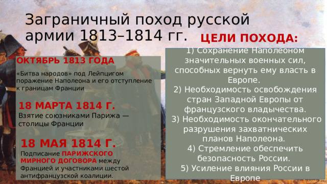 Заграничный поход русской армии 1813–1814 гг. ЦЕЛИ ПОХОДА: 1) Сохранение Наполеоном значительных военных сил, способных вернуть ему власть в Европе. 2) Необходимость освобождения стран Западной Европы от французского владычества.  3) Необходимость окончательного разрушения захватнических планов Наполеона. 4) Стремление обеспечить безопасность России. 5) Усиление влияния России в Европе ОКТЯБРЬ 1813 ГОДА «Битва народов» под Лейпцигом поражение Наполеона и его отступление к границам Франции 18 МАРТА 1814 Г. Взятие союзниками Парижа — столицы Франции 18 МАЯ 1814 Г. Подписание ПАРИЖСКОГО МИРНОГО ДОГОВОРА между Францией и участниками шестой антифранцузской коалиции. 