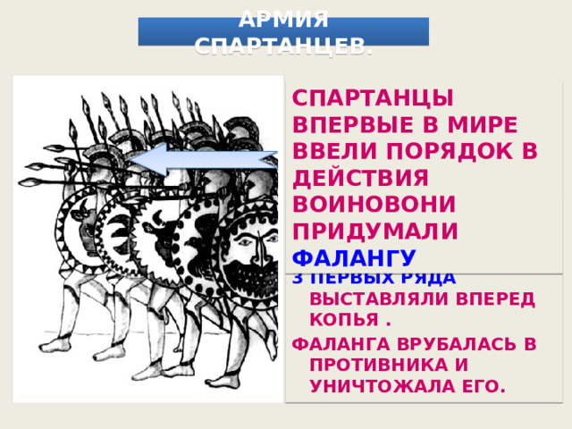 АРМИЯ СПАРТАНЦЕВ. СПАРТАНЦЫ ВПЕРВЫЕ В МИРЕ ВВЕЛИ ПОРЯДОК В ДЕЙСТВИЯ ВОИНОВОНИ ПРИДУМАЛИ ФАЛАНГУ ФАЛАНГА СОСТОЯЛА ИЗ 8 РЯДОВ ПО ТЫСЯЧЕ ВОИНОВ В КАЖДОМ. 3 ПЕРВЫХ РЯДА ВЫСТАВЛЯЛИ ВПЕРЕД КОПЬЯ . ФАЛАНГА ВРУБАЛАСЬ В ПРОТИВНИКА И УНИЧТОЖАЛА ЕГО.  