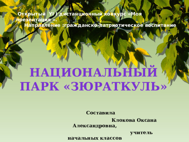  Открытый YI I дистанционный конкурс «Моя презентация ».  Направление :гражданско-патриотическое воспитание НАЦИОНАЛЬНЫЙ ПАРК «зЮРАТКУЛь»  Составила  Клокова Оксана Александровна,  учитель начальных классов  МБОУ «СОШ№2 им. Г. В. Кравченко» г. Вуктыл  Республика Коми  2019 год 
