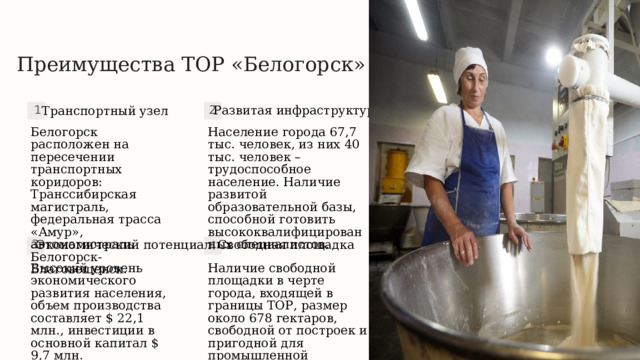 Преимущества ТОР «Белогорск» Развитая инфраструктура Транспортный узел 2 1 Белогорск расположен на пересечении транспортных коридоров: Транссибирская магистраль, федеральная трасса «Амур», автомагистраль Белогорск-Благовещенск. Население города 67,7 тыс. человек, из них 40 тыс. человек – трудоспособное население. Наличие развитой образовательной базы, способной готовить высококвалифицированных специалистов. Свободная площадка Экономический потенциал 3 4 Высокий уровень экономического развития населения, объем производства составляет $ 22,1 млн., инвестиции в основной капитал $ 9,7 млн. Наличие свободной площадки в черте города, входящей в границы ТОР, размер около 678 гектаров, свободной от построек и пригодной для промышленной застройки. 