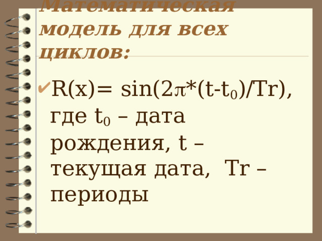 Математическая модель  для всех циклов:    R(x)= sin(2  *(t-t 0 )/Tr), где t 0 – дата рождения, t – текущая дата, Tr – периоды 