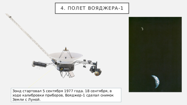 4. Полет Вояджера-1 Зонд стартовал 5 сентября 1977 года. 18 сентября, в ходе калибровки приборов, Вояджер-1 сделал снимок Земли с Луной. 