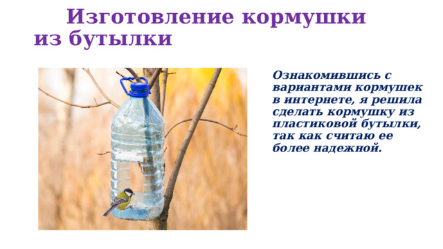  Изготовление кормушки из бутылки Ознакомившись с вариантами кормушек в интернете, я решила сделать кормушку из пластиковой бутылки, так как считаю ее более надежной. 