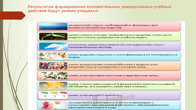 Результатом формирования познавательных универсальных учебных действий будут умения учащихся:     