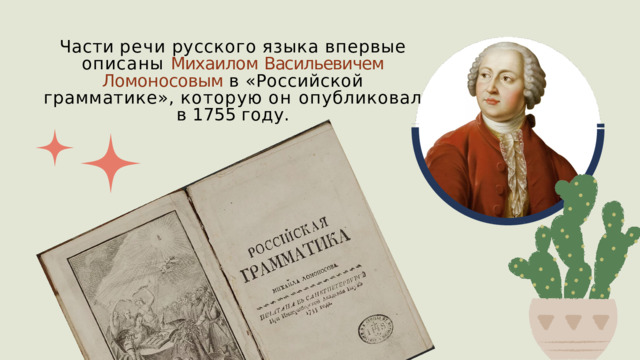 Части  речи  русского  языка  впервые  описаны Михаилом  Васильевичем  Ломоносовым в  «Российской  грамматике»,  которую  он опубликовал  в  1755  году. 