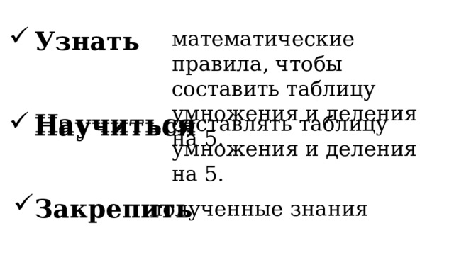 математические правила, чтобы составить таблицу умножения и деления на 5. Узнать    Научиться      Научиться составлять таблицу умножения и деления на 5. Закрепить полученные знания 