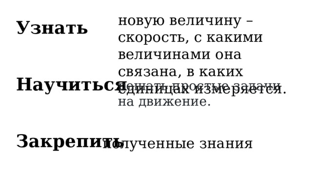 новую величину – скорость, с какими величинами она связана, в каких единицах измеряется. Узнать    Научиться     Закрепить решать простые задачи на движение. полученные знания 